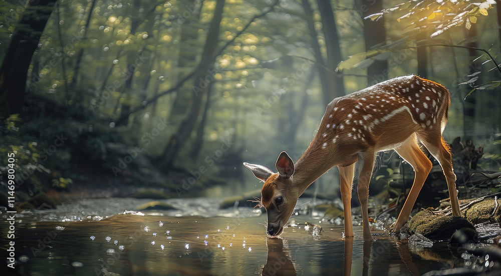 Poster a deer drinking calmly from a still forest stream, with light filtering softly through the trees, sy