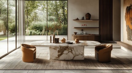 Modern dining room with marble table,  tan chairs, and garden view.
