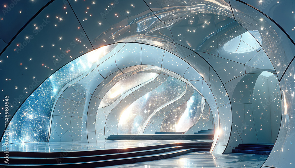 Poster an interstellar inspired performance stage that is artistic futuristic and offbeat. the stage is in 