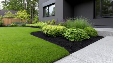 Obraz premium Modern home landscaping with green lawn, shrubs, and mulch.