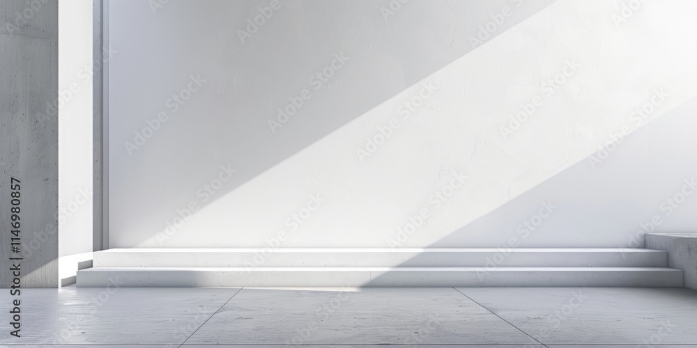 Poster sunlight streaming through a window, creating shadows on a minimalist white wall and concrete floor 