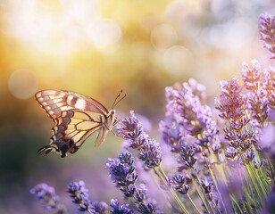 Obraz premium Generated image Sunny summer nature background with fly butterfly and lavender flowers with sunlight and bokeh