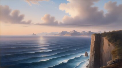 Capture the serene beauty of nature with this breathtaking sunset view from a towering cliff. The vast ocean stretches endlessly to the horizon, meeting the rugged mountains in a harmonious.