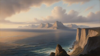 Capture the serene beauty of nature with this breathtaking sunset view from a towering cliff. The vast ocean stretches endlessly to the horizon, meeting the rugged mountains in a harmonious.
