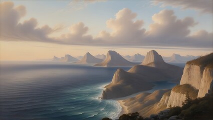 Capture the serene beauty of nature with this breathtaking sunset view from a towering cliff. The vast ocean stretches endlessly to the horizon, meeting the rugged mountains in a harmonious.