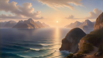 Capture the serene beauty of nature with this breathtaking sunset view from a towering cliff. The vast ocean stretches endlessly to the horizon, meeting the rugged mountains in a harmonious.