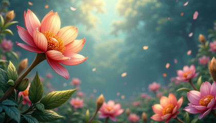 Beautiful Coral Peony against a rich green background, ideal for banners and promotions related to spring events.