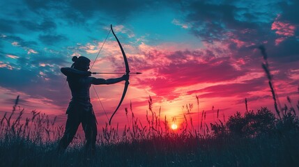 Silhouetted archer aiming at sunset.