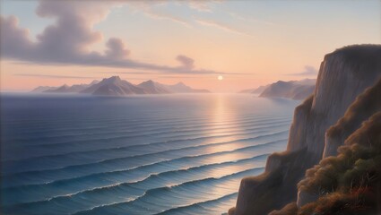 Capture the serene beauty of nature with this breathtaking sunset view from a towering cliff. The vast ocean stretches endlessly to the horizon, meeting the rugged mountains in a harmonious.