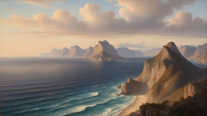 Capture the serene beauty of nature with this breathtaking sunset view from a towering cliff. The vast ocean stretches endlessly to the horizon, meeting the rugged mountains in a harmonious.