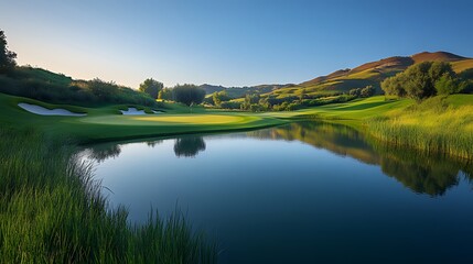 Serene golf course landscape with a calm lake reflecting the green fairways and hills under a clear blue sky.