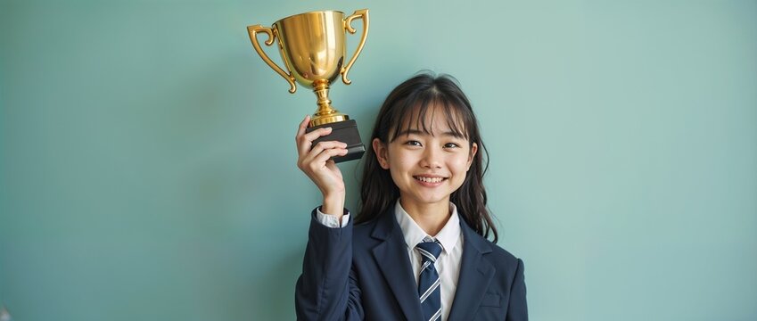 A young Asian girl in a school uniform raises her gold trophy, symbolizing achievement and recognition for her academic work.