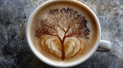 Smooth latte art showcasing milk foam heart shape and leaf tree patterns on steaming coffee cup