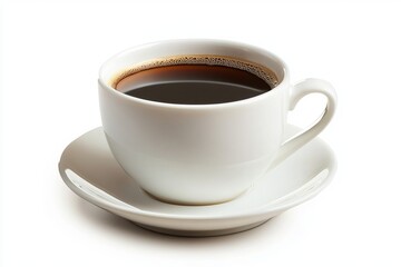 Obraz premium A white coffee cup with a white saucer sits on a white background. The cup is filled with dark coffee