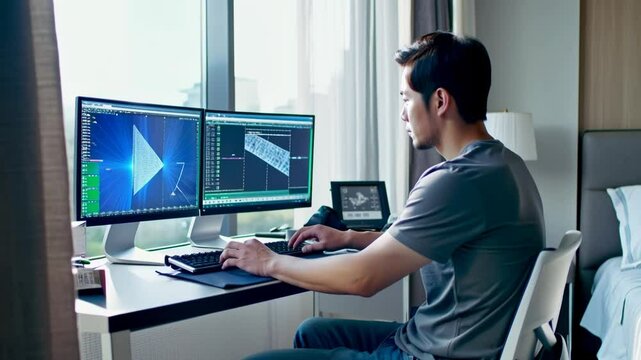 A man teleworks from his home room at a desk with two computer monitors and a keyboard.