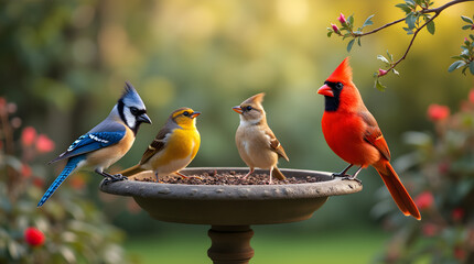 A vibrant red bird and a striking blue bird perch side-by-side on a weathered branch.