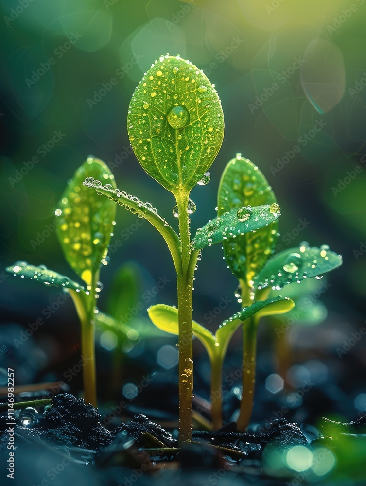 Poster spring sprouts with dew drops on the leaves.