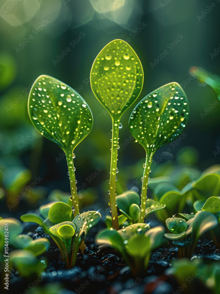 Poster spring sprouts with dew drops on the leaves.