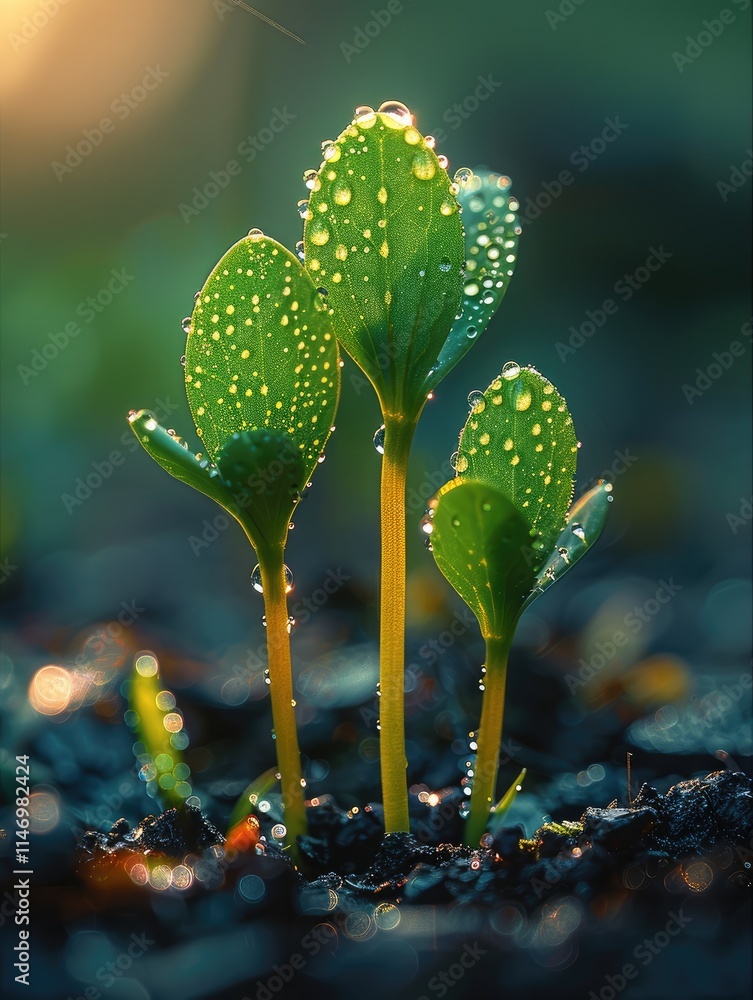Poster spring sprouts with dew drops on the leaves.