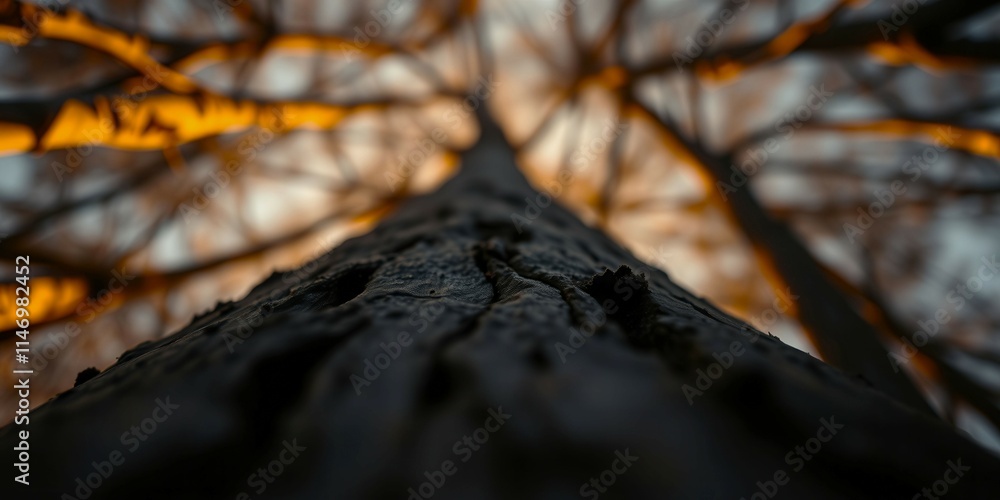 Poster a tree trunk is shown in a close up, with the bark peeling off and the wood grain visible. the image