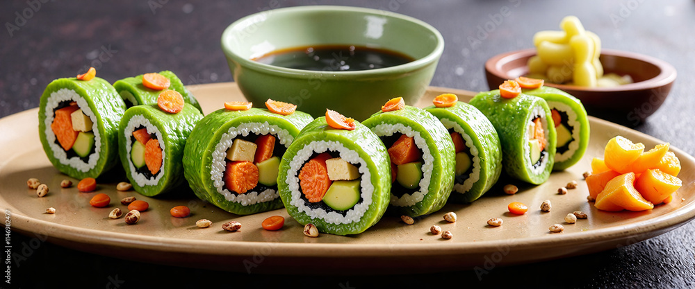 Poster a plate of green sushi rolls with carrots and avocado. the rolls are arranged in a row and there is 