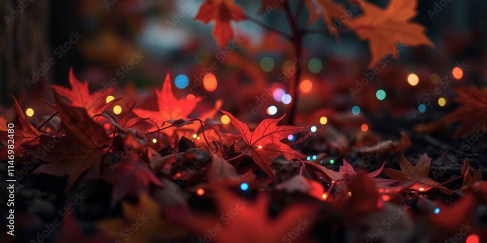 Poster a close up of red leaves on the ground with a glowing light in the background. the leaves are scatte