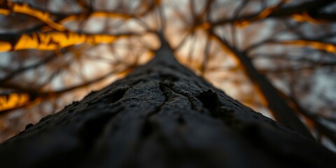 A tree trunk is shown in a close up, with the bark peeling off and the wood grain visible. The image has a moody, almost eerie feel to it, as if the viewer is looking up at the tree from below