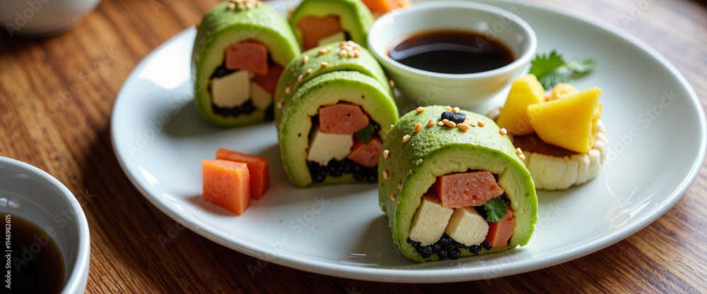 Poster a plate of green sushi rolls with carrots and avocado. the rolls are arranged in a row and there is 
