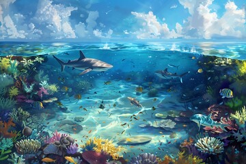 Fototapeta premium illustration of underwater sea life with undersea landscapes and species. 