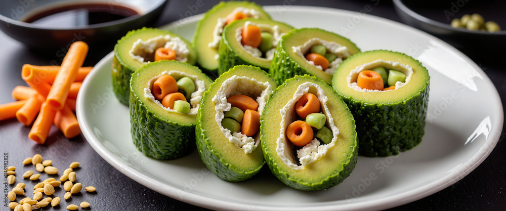 Poster a plate of green sushi rolls with carrots and avocado. the rolls are arranged in a row and there is 