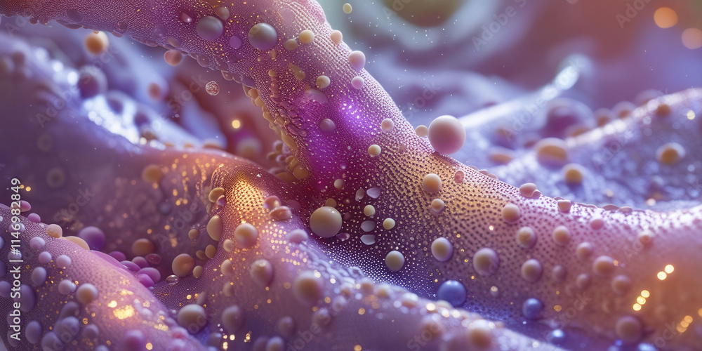 Poster a close up of a purple fabric with many small dots on it. the dots are of different sizes and colors