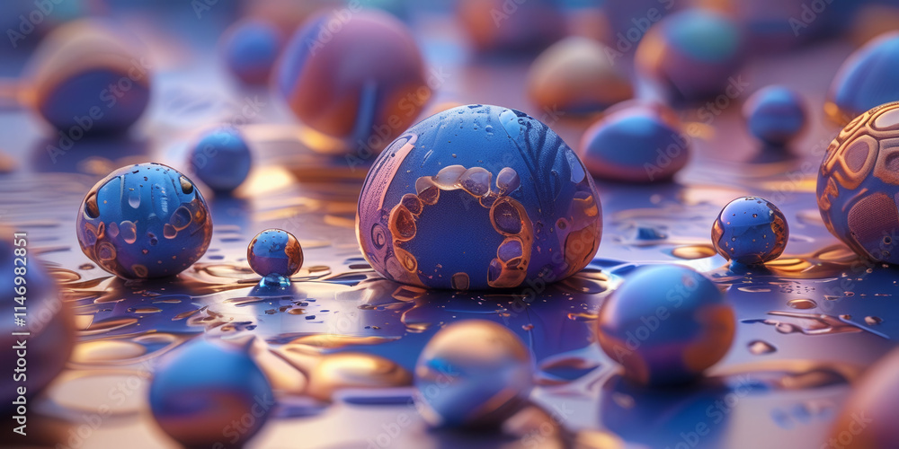 Poster a collection of colorful spheres on a blue surface. the spheres are of various sizes and colors, and