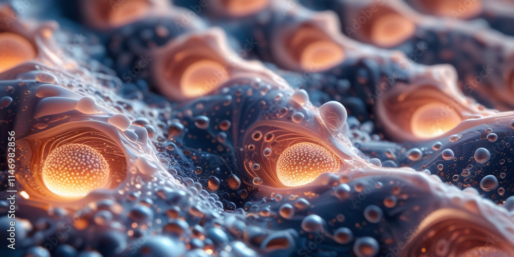 Poster the image is a close up of a cell with many small bubbles surrounding it. the bubbles are orange and