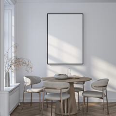 Frame mockup, ISO A paper size. Living room wall poster mockup. Interior mockup with house background. Modern interior design. 3D render
