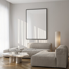 Frame mockup, ISO A paper size. Living room wall poster mockup. Interior mockup with house background. Modern interior design. 3D render
