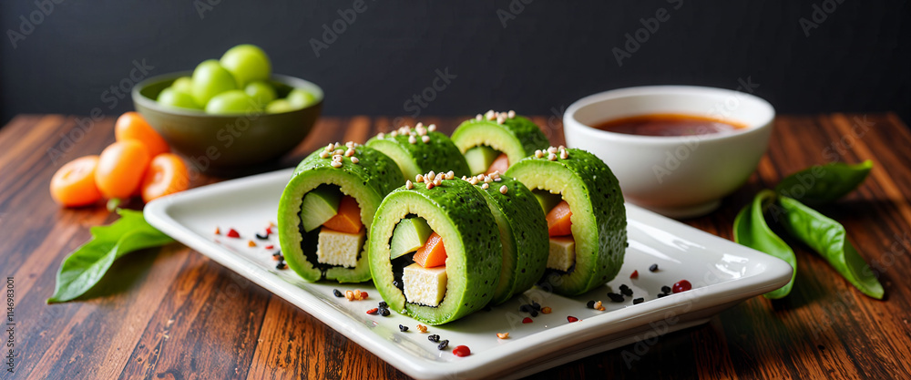 Poster a plate of green sushi rolls with carrots and avocado. the rolls are arranged in a row and there is 