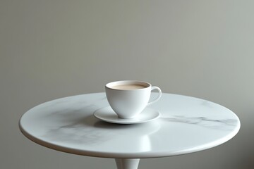 A white coffee cup sits on a white table. The table is round and made of marble. The cup is placed on a saucer, and the table is empty. Concept of calm and relaxation