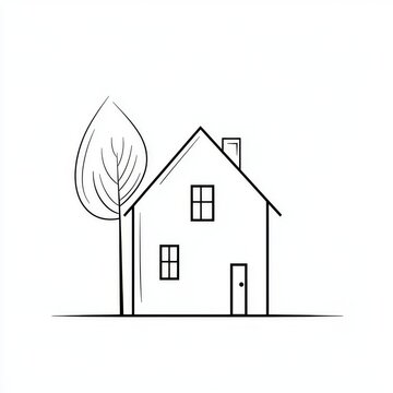recommend clip art: A plain line art of a house with a tree, underscoring a cozy and welcoming residential atmosphere.