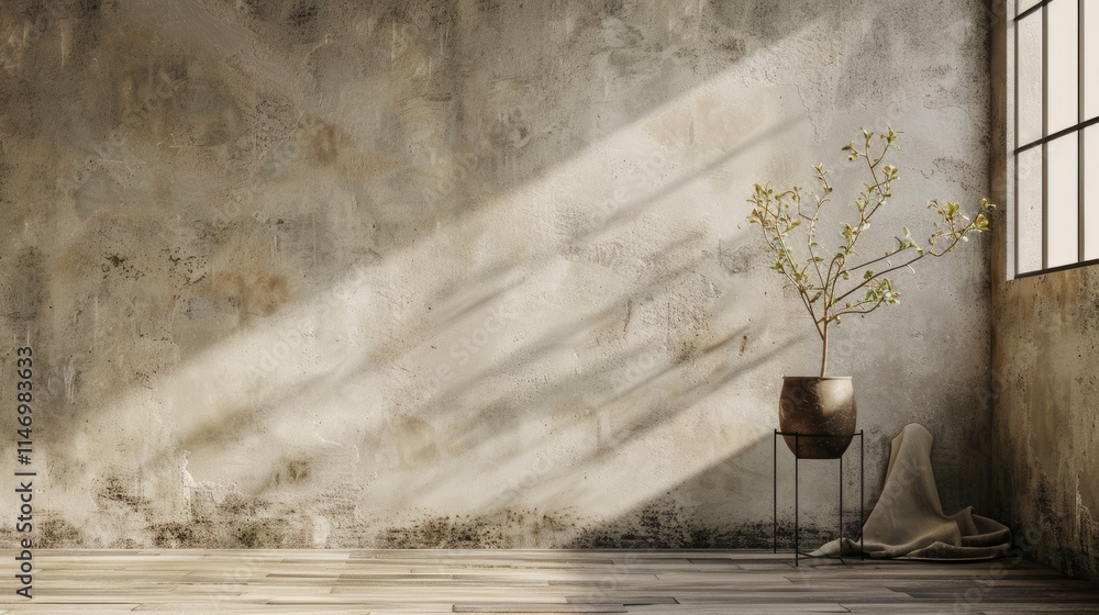 Poster a room with a large window and a potted plant. the room is empty and has a very simple design