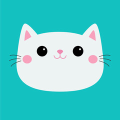 Obraz premium Cute cat round face head icon. White kitten girl. Cute cartoon kawaii funny kitty character. Animal in love. Happy Valentines Day. Love Greeting card. Flat design. Blue background. Vector illustration