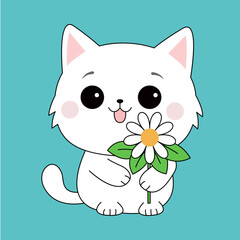 Cat kitten holding daisy chamomile flower. Funny face head. Contour line hand drawn doodle. Cartoon kawaii baby character. Sticker print. Childish style. Flat design. Blue background. Isolated. Vector