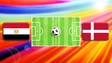 Egypt and Denmark flag on soccer field with ball.Football match concept against multicolored abstract background.Copy space for text.