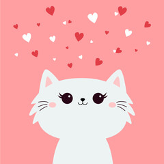 Cute cat face head. White fluffy kitten. White red hearts. Happy Valentines Day. Cartoon funny kitty character. Kawaii animal in love. Greeting card . Flat design. Pink background. Vector illustration