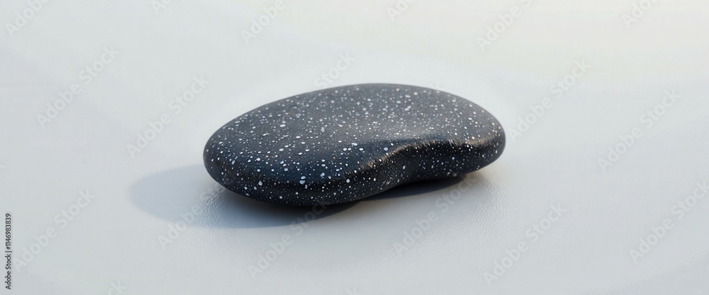 Poster a grey rock sits on a white surface. the rock is small and has a shiny, metallic appearance. the ima
