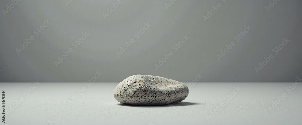 Poster a grey rock sits on a white surface. the rock is small and has a shiny, metallic appearance. the ima