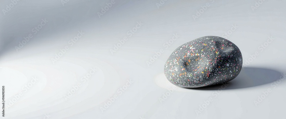 Poster a grey rock sits on a white surface. the rock is small and has a shiny, metallic appearance. the ima