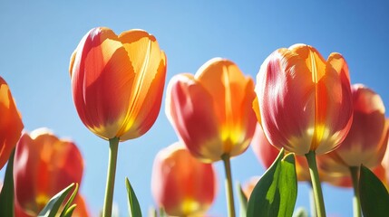 Vibrant orange tulips against a crisp blue sky, close-up shot, Minimalist style