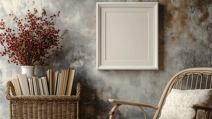 Elegant home interior with stylish white frame wooden shelf retro chair books flowers in vase and cozy basket home decor template