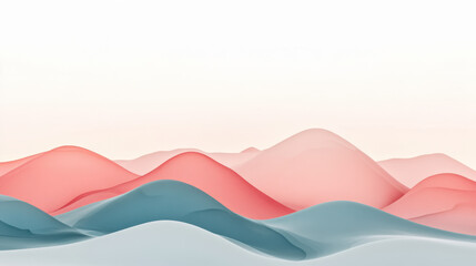 A serene landscape of abstracted hills, their contours layered in gradient tones of coral pink and aquamarine, perfectly outlined against a white background. Precise and clean edges, a highly polished