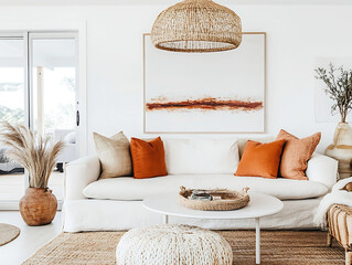 Minimalist, scandinavian style home interior design, curved archways, white walls, textured white sofa, orange accent chair, wooden coffee table